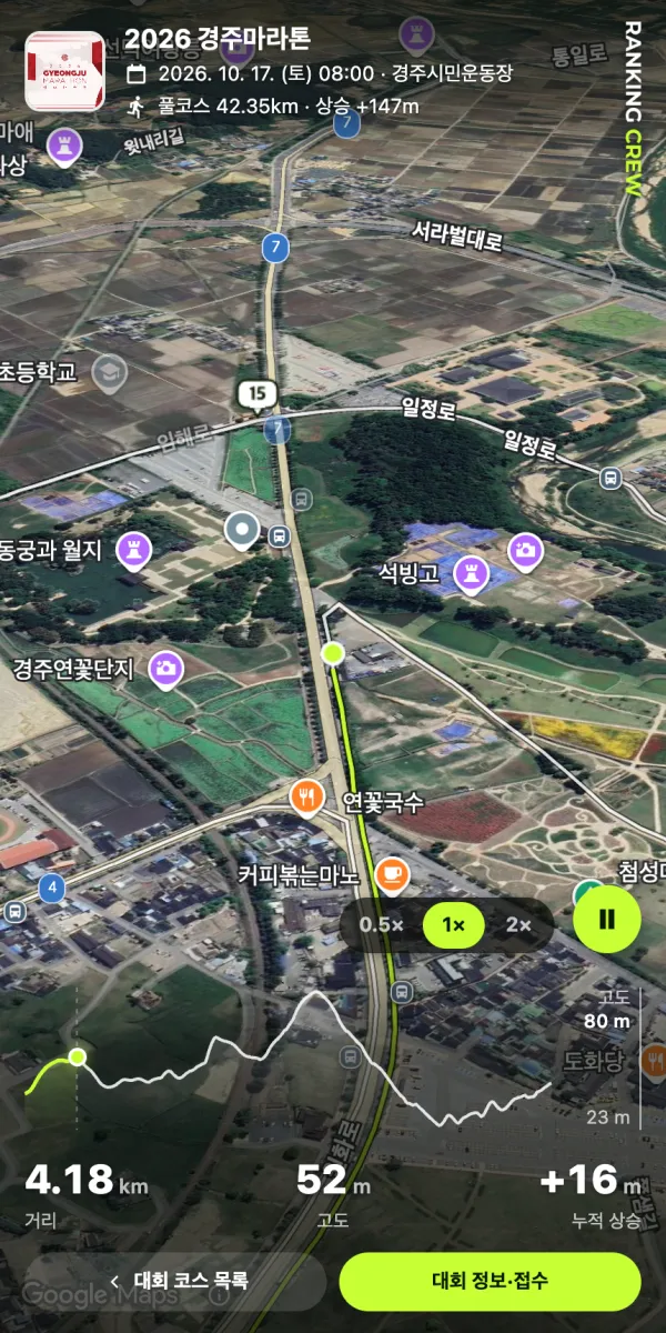 3D 지도 재생 — 동궁과 월지 옆을 지나는 경로, 아래 고도 그래프와 거리 4.18km